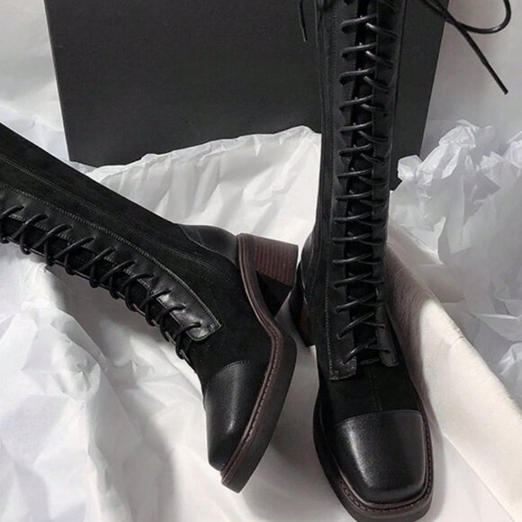 Black Elegant Women's Slim Fit Lace-Up Thigh High Boots with Chunky Square Heel - Picture 3 of 4